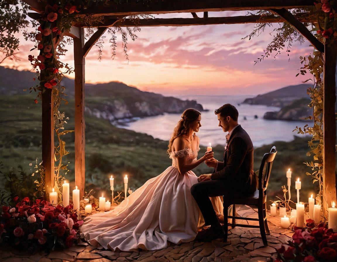 A cozy, romantic setting with a couple sharing a heartfelt moment, surrounded by soft candlelight and delicate flower petals. Include warm colors like deep reds and soft pinks to evoke intimacy, and subtle hints of connection visually represented through intertwined hands. The background should feature a softly blurred landscape of a sunset, creating a dreamy atmosphere. super-realistic. vibrant colors. ambient lighting.