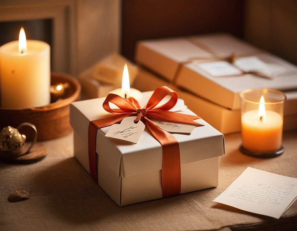 A cozy, intimate setting featuring a beautifully wrapped gift box with a heart-shaped tag, surrounded by handwritten love letters and a glowing candle. In the background, soft, romantic lighting creates an atmosphere of warmth and connection, showcasing personal mementos like photographs or trinkets, symbolizing lasting love. The scene evokes emotions of thoughtfulness and sincerity, inviting readers to explore the joys of meaningful gifting. soft focus. warm colors. romantic ambiance.