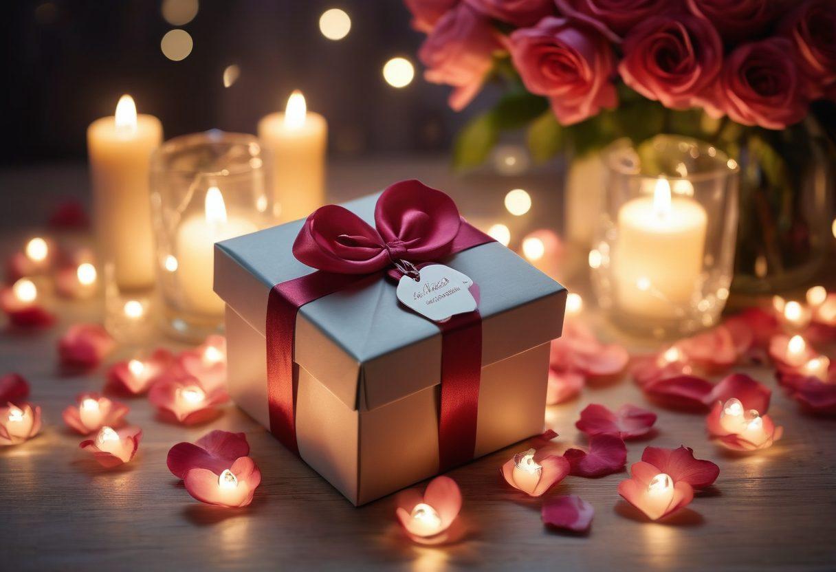 A beautifully wrapped gift box with a heart-shaped tag, surrounded by delicate rose petals and twinkling fairy lights, symbolizing romance and love. In the background, a soft focus on a cozy candlelit dinner setting, amplifying the intimate atmosphere. The scene captures the essence of romance and thoughtful gifting, inviting the viewer to explore the secrets of love. super-realistic. vibrant colors. dreamy ambiance.